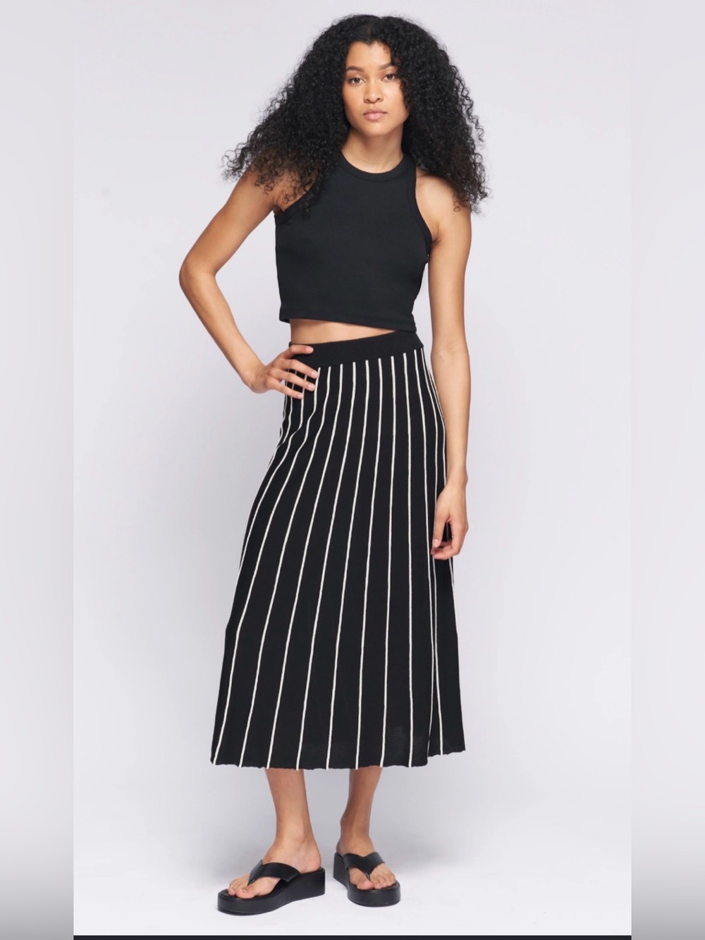 KOTN Black Midi Skirt with White Vertical Stripes
